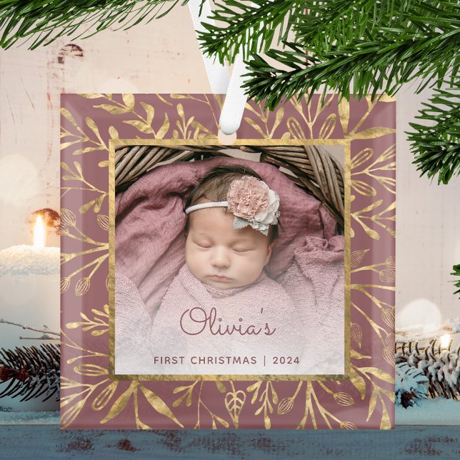 Ornement En Verre Bébés 1er Noël Photo Dusty Rose Gold Foliage (Créateur téléchargé)