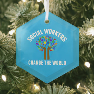 Ornement En Verre Belle Citation de travail social Bleu Noël