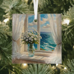 Ornement En Verre Belle Scène Océanique | Joyeux Noël<br><div class="desc">Un joli vase de fleurs sur une table devant une fenêtre donnant sur l'océan. Des rideaux blancs éclatants dans la brise. L'art Ai.</div>
