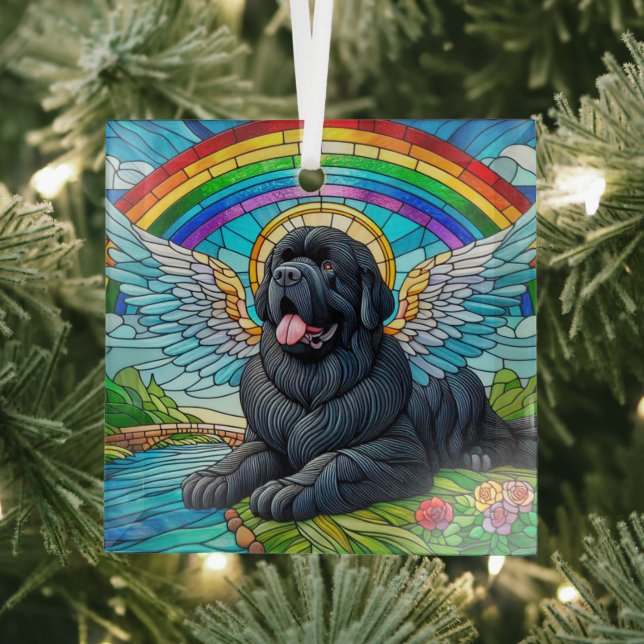 Ornement En Verre Black Newfoundland Angel sous Rainbow Suncatcher (Insitu)