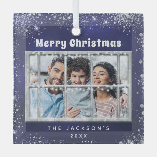 Ornement En Verre Bleu argent neige photo hiver (Recto)