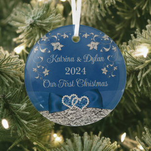 Ornement En Verre Bleu Royal Gris Cœurs Amour Mariage 1er Noël