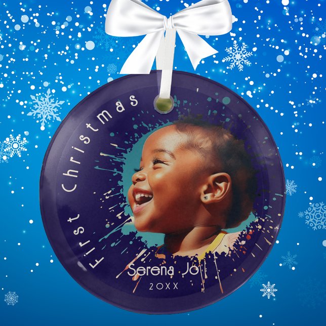 Ornement En Verre Blue Baby's First Christmas Splatter Pattern  (Créateur téléchargé)