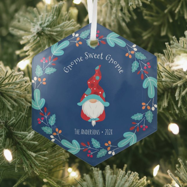 Ornement En Verre Blue Gnome Sweet Elf Floral Wreath Whimsical (Insitu)