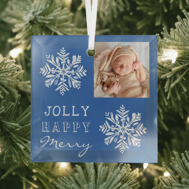 Ornement En Verre Blue Jolly Merry Snowflake Photo Noël (Insitu)