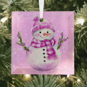 Ornement En Verre Bonhomme de neige joyeux rose