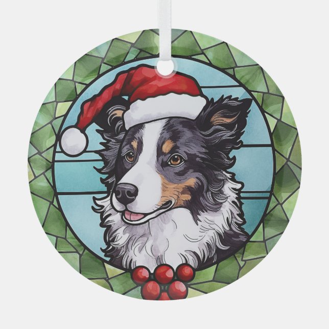 Ornement En Verre Bordure Collie Vitrail Noël (Recto)