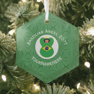 Ornement En Verre Brazilian Flag Angel Year with Your Name Hexagon