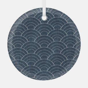 Ornement En Verre Broderie Sashiko : Indigo Motif japonais.