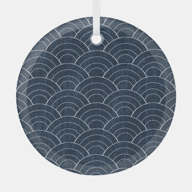 Ornement En Verre Broderie Sashiko : Indigo Motif japonais. (Recto)