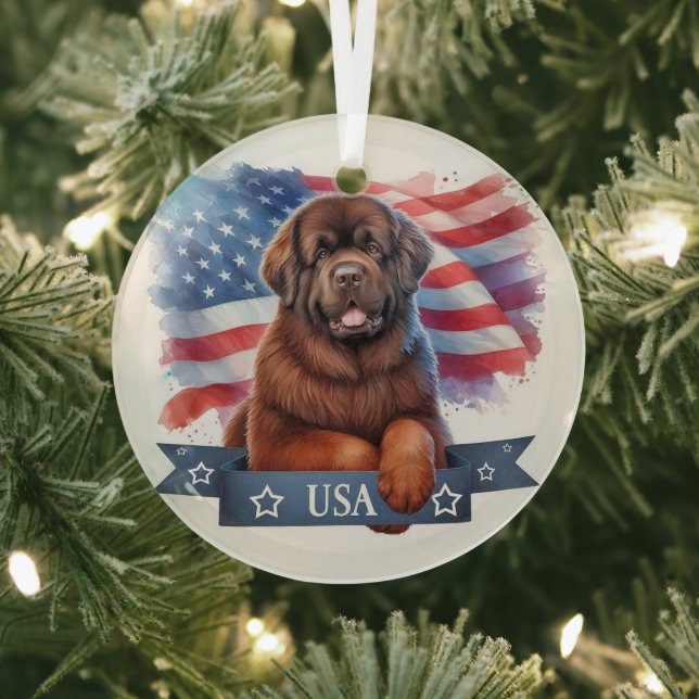 Ornement En Verre Brown Newfie Patriotic Round Glass Ornament (Insitu)