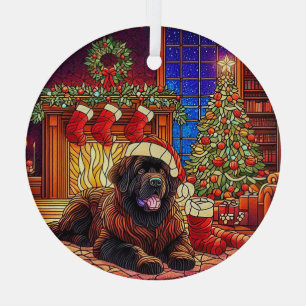 Ornement En Verre Brown Newfie Scène de Noël Ornament
