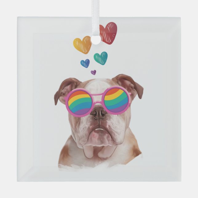 Ornement En Verre Bulldog anglais avec des coeurs Saint-Valentin (Recto)