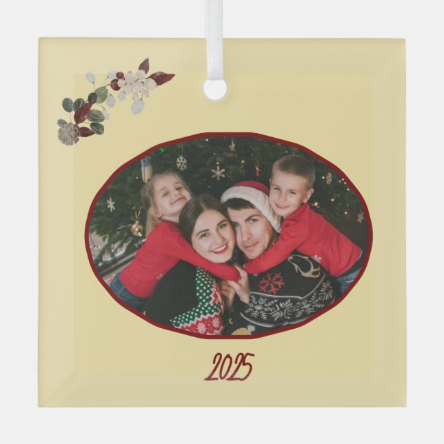 Ornement En Verre Butter Yellow & Deep Red Floral Photo Christmas (Recto)