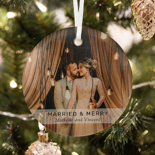 Ornement En Verre Cadeau photo simple 'Mariés & Joyeux'