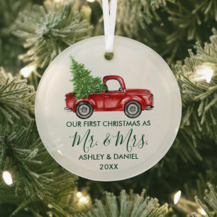 Ornement En Verre Calligraphie Green M. Mme Christmas Red Truck