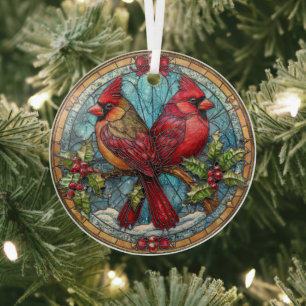 Ornement En Verre Cardinaux en Verre Coloré sur Branche de Houx