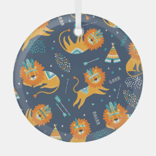 Ornement En Verre Caricature Lions Tribal Motif sans couture