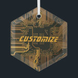 Ornement En Verre Carte circuit orange PCB personnalisée geek Out<br><div class="desc">Cadeaux de circuits imprimés personnalisés pour les geeks ou cadeaux pour les nerds. En voici un pour l'Ordinateur Nerd ou Geek en chacun de nous. Geek Sortez votre Nerd avec cette carte de circuit électronique PCB personnalisée. Il s'agit d'une image de fond d'une carte de circuit imprimé ou d'une carte...</div>