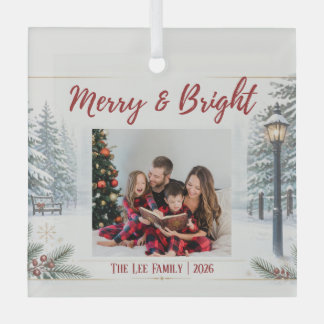 Ornement En Verre Carte de Noël de scène enneigée avec photo de fami