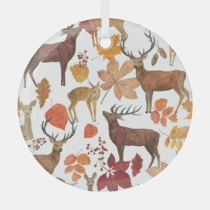 Ornement En Verre Cerfs, feuilles d'automne : motif d'aquarelle.