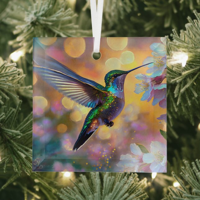 Ornement En Verre Cerisier Imaginaire Sunrise Hummingbird  (Insitu)