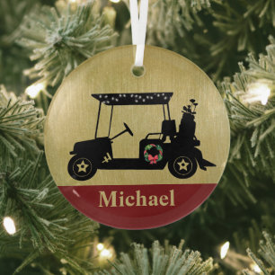 Ornement En Verre Chariot de golf de Noël unique avec des clubs prén