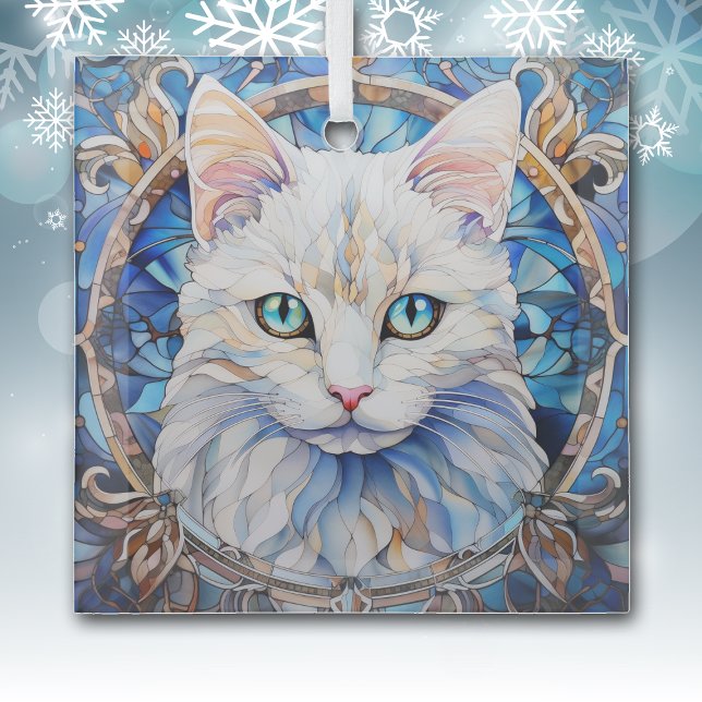 Ornement En Verre Chat Blanc Oeil Bleu Tacheté (Créateur téléchargé)