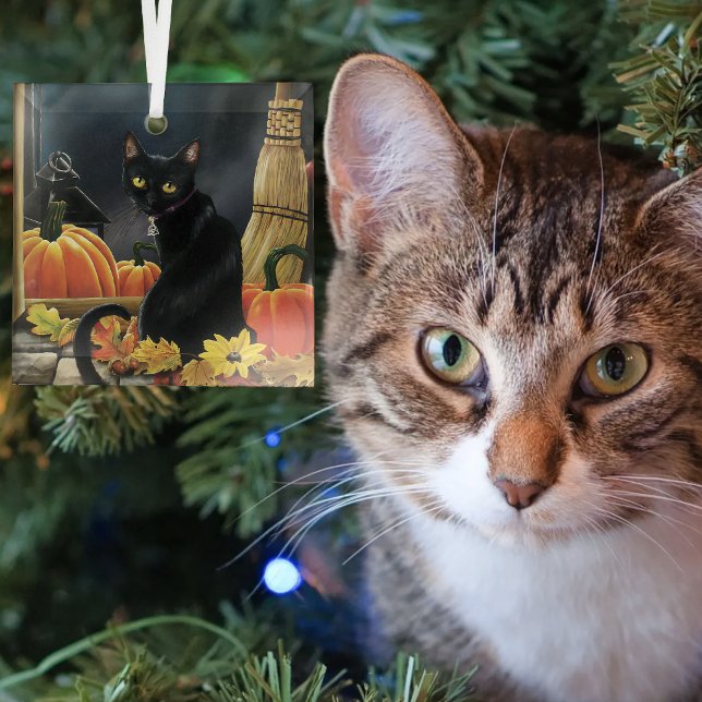 Ornement En Verre Chat noir automnal enchanteur sous la lune (Créateur téléchargé)