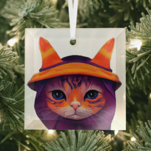 Ornement En Verre Chat orange avec chapeau de sorcière violet Hallow