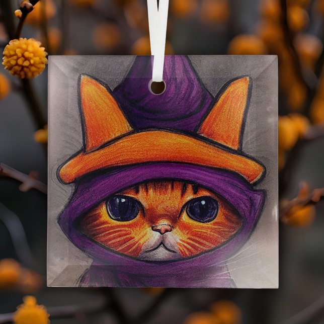 Ornement En Verre Chat orange avec sorcière violette Casquette Hallo (Créateur téléchargé)