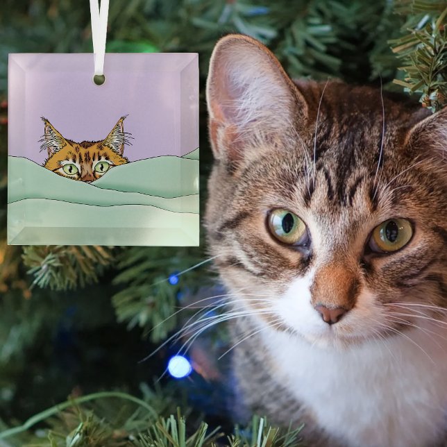 Ornement En Verre Chat roux curieux à cache-cache drôle lavande vert (Créateur téléchargé)