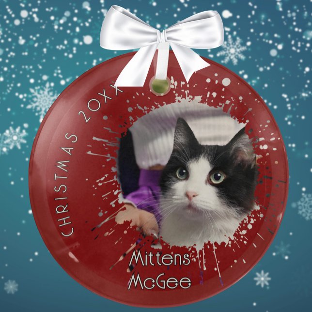 Ornement En Verre Chat sur motif éclaboussé rouge Noël 2025 (Créateur téléchargé)