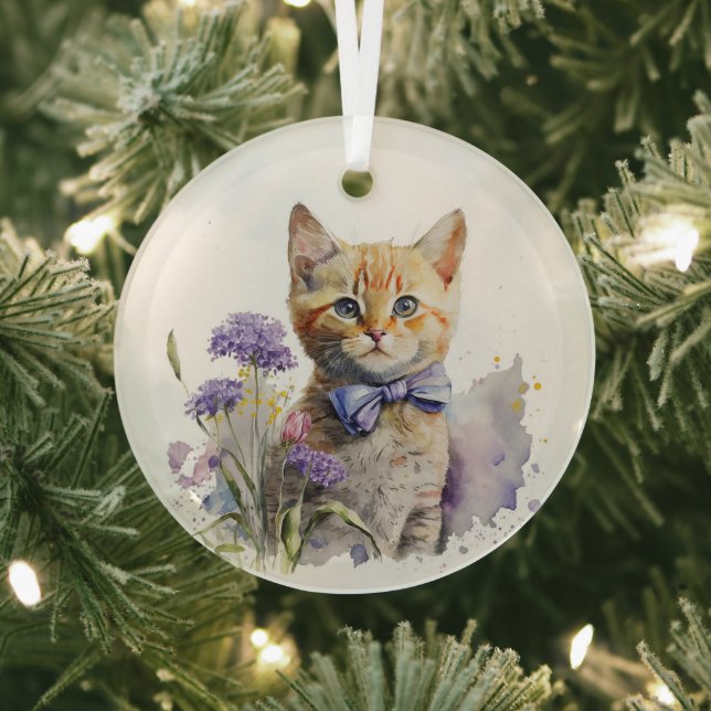 Ornement En Verre Chaton Tabby Orange avec Cravate Bow Aquarelle (Insitu)