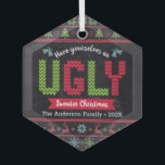 Ornement En Verre Chaussure moche de Noël Nordic Knit Fun Chalkboard<br><div class="desc">"Prenez-vous un sale pull Noël." Aidez à décorer votre arbre dans le "style" avec cet ornement en verre de qualité de vacances unique et amusant! Motif nordique d'arbres caprices, rennes, ornements, ainsi que la typographie "pull" ludique en rouge, vert et bleu aqua, superposent un arrière - plan de tableau noir....</div>