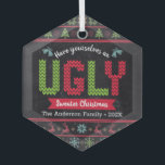 Ornement En Verre Chaussure moche de Noël Nordic Knit Fun Chalkboard<br><div class="desc">"Prenez-vous un sale pull Noël." Aidez à décorer votre arbre dans le "style" avec cet ornement en verre de qualité de vacances unique et amusant! Motif nordique d'arbres caprices, rennes, ornements, ainsi que la typographie "pull" ludique en rouge, vert et bleu aqua, superposent un arrière - plan de tableau noir....</div>