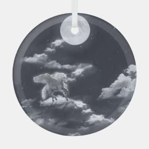 Ornement En Verre Cheval ailé blanc : ciel illuminé par la lune.