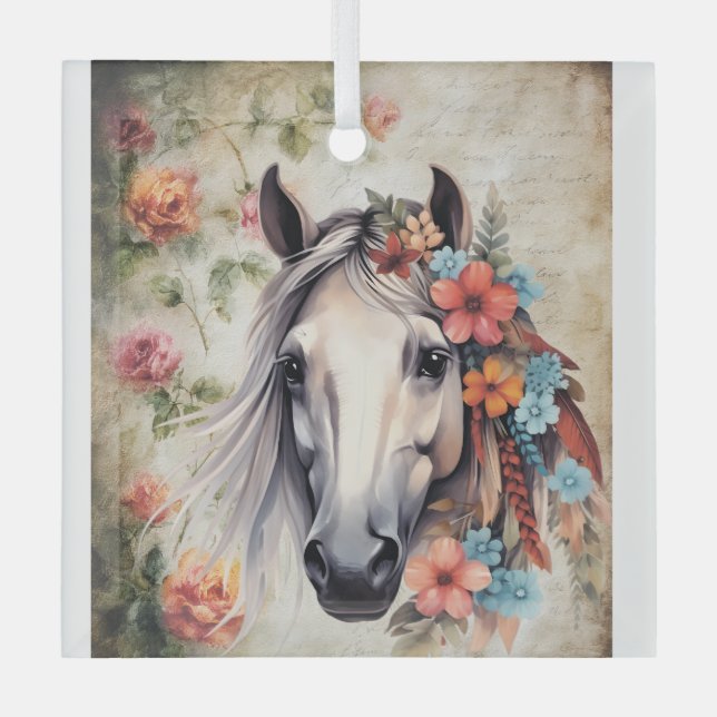 Ornement En Verre Cheval blanc dans les fleurs. (Recto)