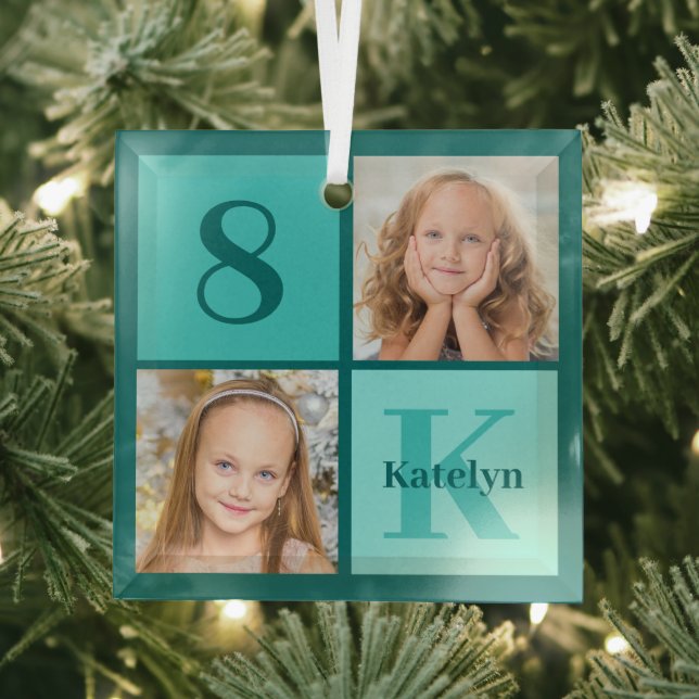 Ornement En Verre Chic Teal Photo Collage Personalized Christmas (Insitu)