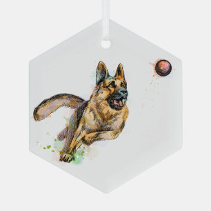 Ornement En Verre Chien Berger Allemand Art Jouant au Ballon Amusant