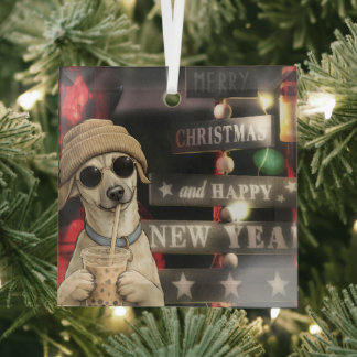 Ornement En Verre Chien de Noël drôle buvant du thé aux bulles