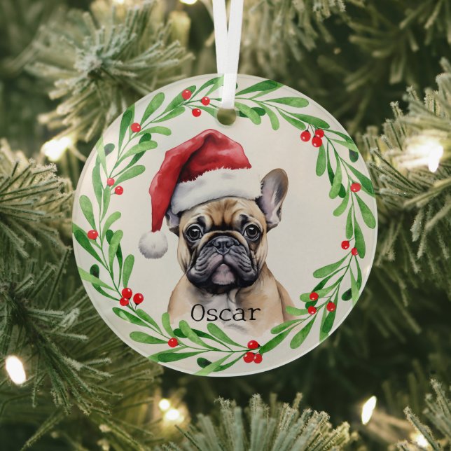 Ornement En Verre Chien de Noël Tan Frenchie French Buldog Pet (Insitu)