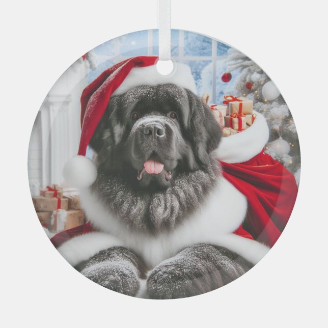 Ornement En Verre Chien de Terre-Neuve Père Noël (Recto)