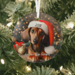 Ornement En Verre Chiot rouge mignon avec chapeau de Santa<br><div class="desc">Ce magnifique dessin de Noël montre un doux dachshund portant un chapeau de Père Noël rouge.</div>