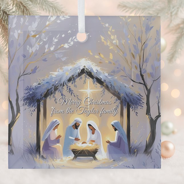 Ornement En Verre Christian Nativité Scène Sainte Famille Noël (Personalized Christian Nativity Scene Christmas Ornament Holy Family Manger Under Star of Bethlehem)