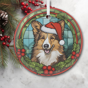 Ornement En Verre Christmas Holly Santa Hat Shetland Sheepdog