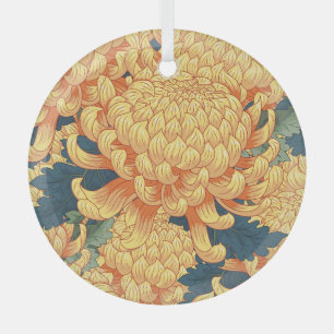 Ornement En Verre Chrysanthèmes japonais : motif floral jaune.