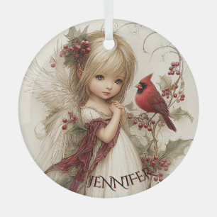 Ornement En Verre Chuchotements d'hiver – Enfant fée avec cardinal