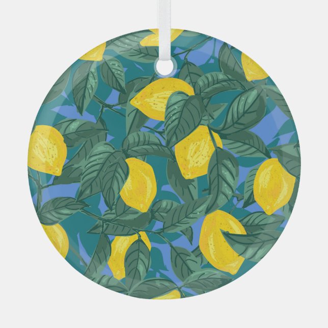 Ornement En Verre Citrons, feuille : motif tropical d'agrumes. (Recto)