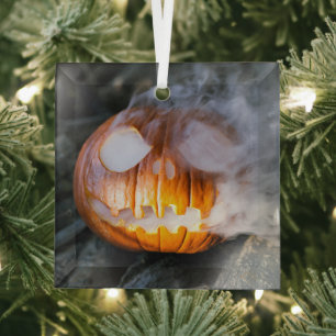 Ornement En Verre Citrouille de Halloween Jack-o-Lantern en feu 